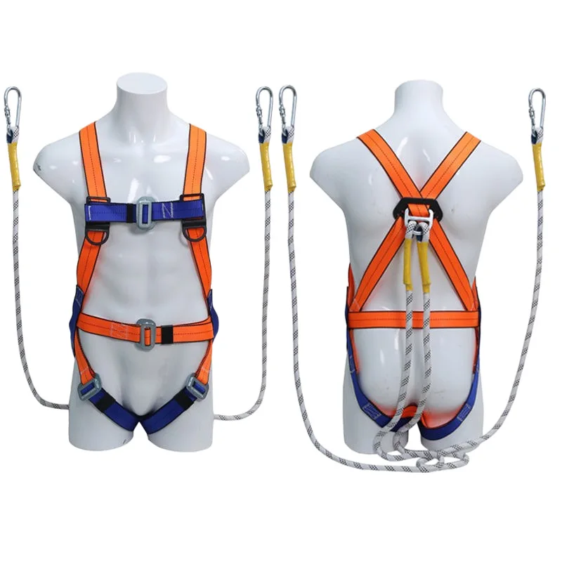 Heavy Duty 5 Point Full Body Safety Harness with Hooks Shock Absorbing Lanyard