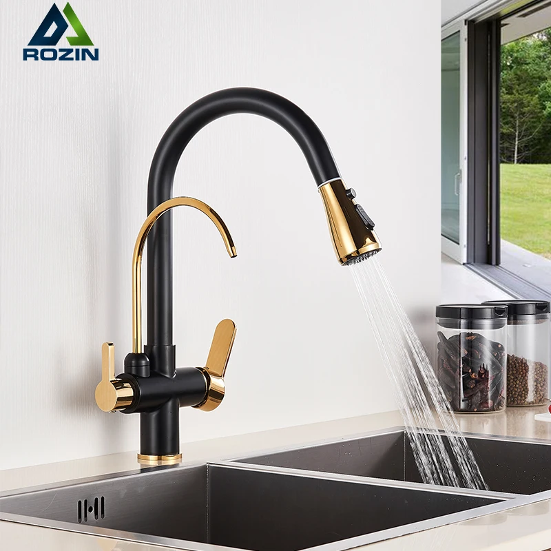 Luxury Black Gold Filtered Crane for Kitchen Pull Out Spray