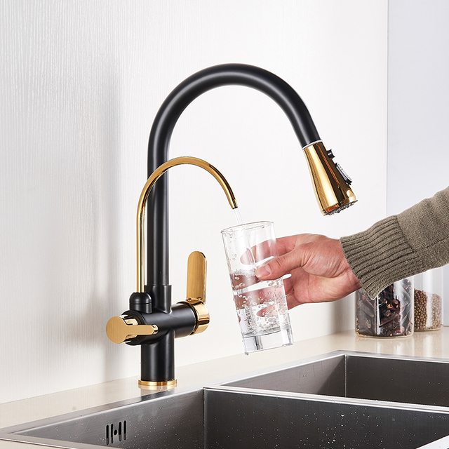 Luxury Black Gold Filtered Crane for Kitchen Pull Out Spray