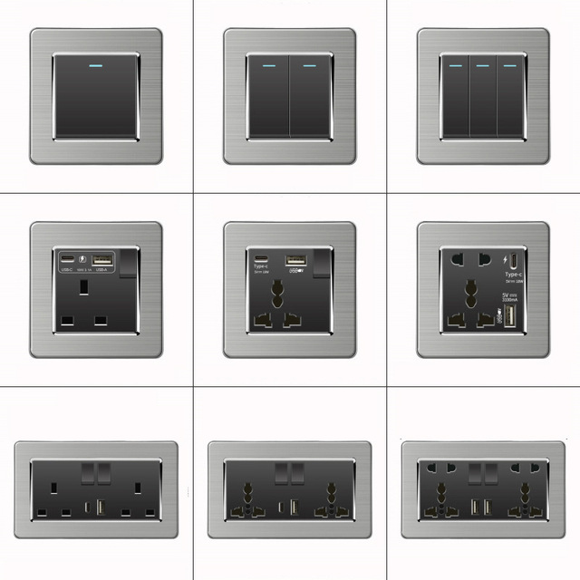 Grey Brushed Stainless Steel Wall Light Switch UK Standard