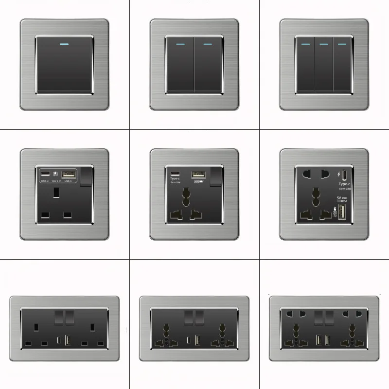 Grey Brushed Stainless Steel Wall Light Switch UK Standard
