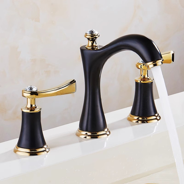 Luxury Black and Gold Color Double Handle 3 Hole Wash Basin Faucet