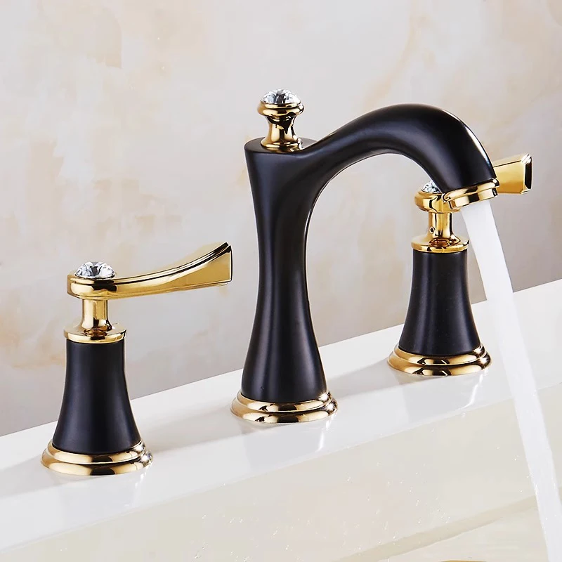 Luxury Black and Gold Color Double Handle 3 Hole Wash Basin Faucet